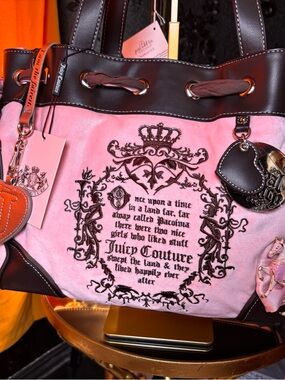 Juicy Couture Pink and Brown Embroidered Crest Tote